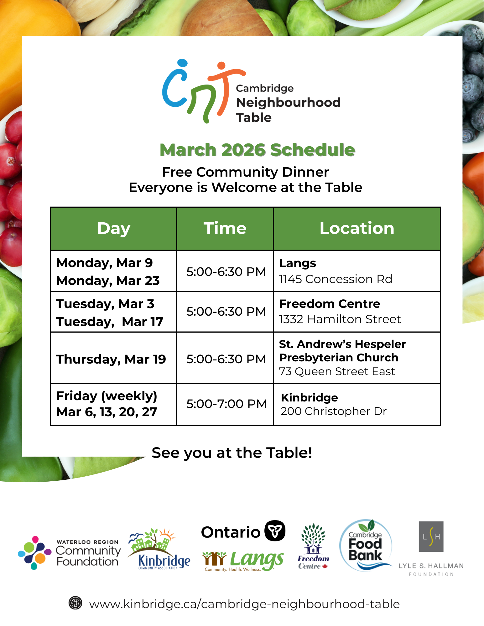 March 2026 Meal Schedule - Cambridge Neighbourhood Table - Kinbridge Community Association