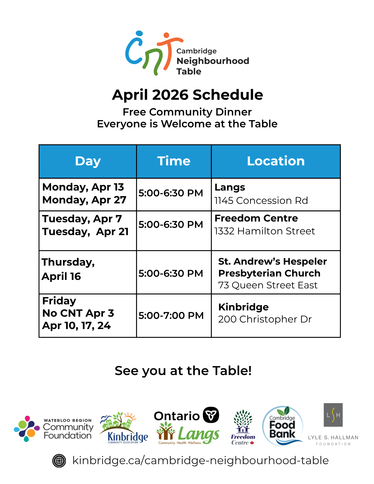 Cambridge Neighbourhood Table - APRIL 2026 Meal Schedule - Kinbridge Community Association