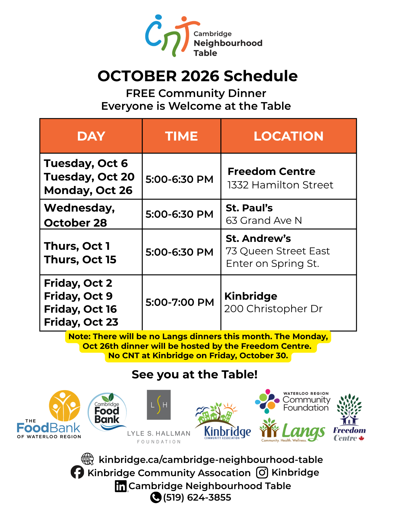Cambridge Neighbourhood Table - OCT 2026 Meal Schedule - Kinbridge Community Association